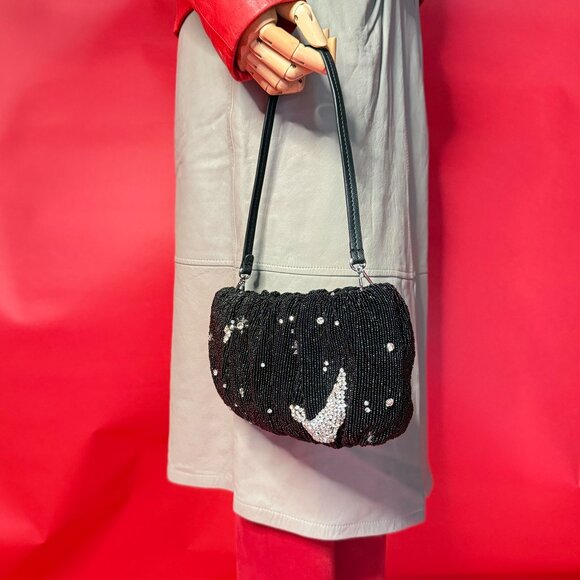 Staud Black Beaded Shoulder Bag – Unique Celestial Rhinestone Moon Design - Picture 3 of 12